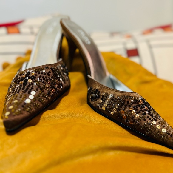 SPLASH Fashion Footwear Slip on Mules 4-inch Heels Brown-tones Sequins and Beads - Picture 3 of 14